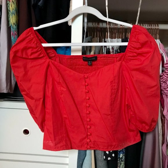 NEW Banana Republic Red Orange Puff Sleeve Cropped Top - Picture 2 of 4